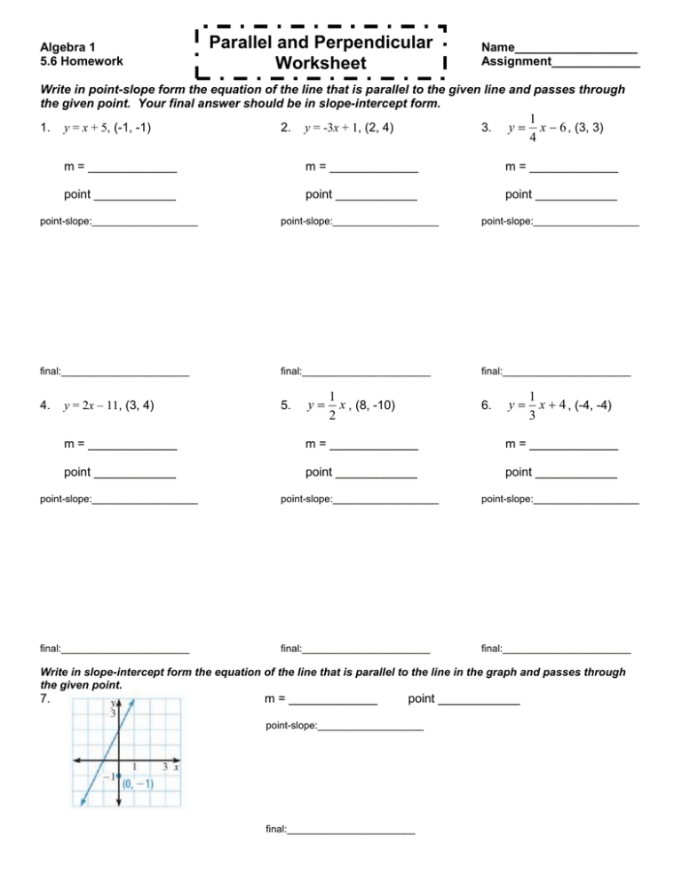 algebra 1 5.6 homework parallel and perpendicular worksheet answers