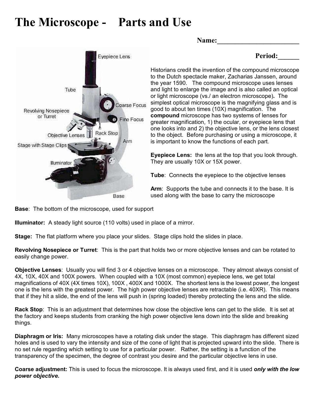 The Microscope Parts and use With Regard To Microscope Parts And Use Worksheet