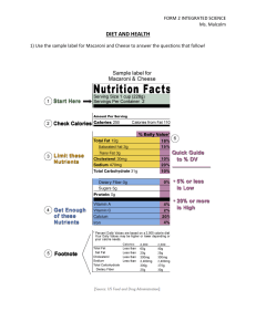 DIET AND HEALTH Food Label Activity