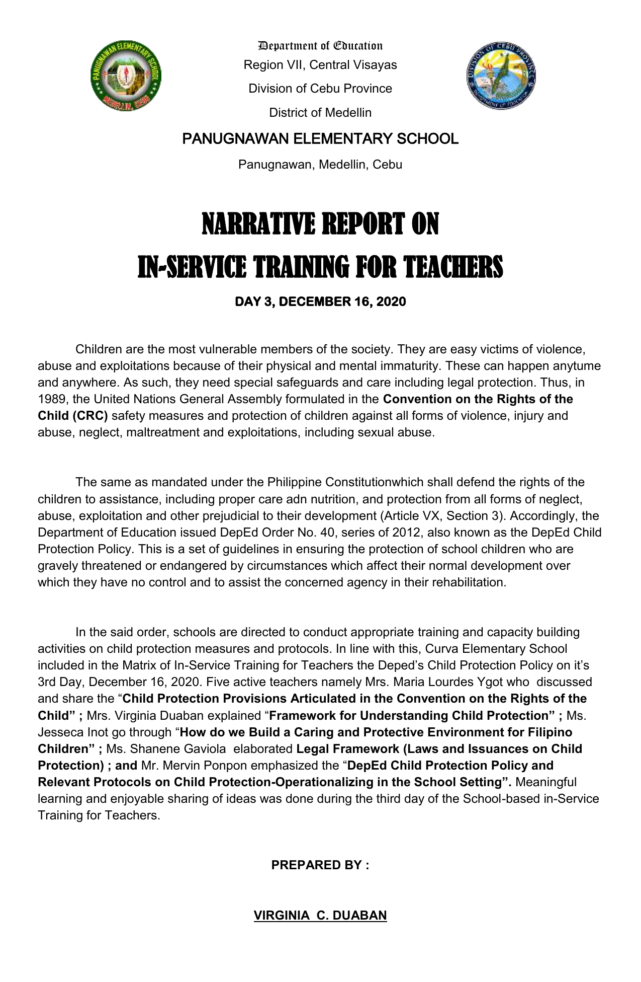 example of narrative report in school
