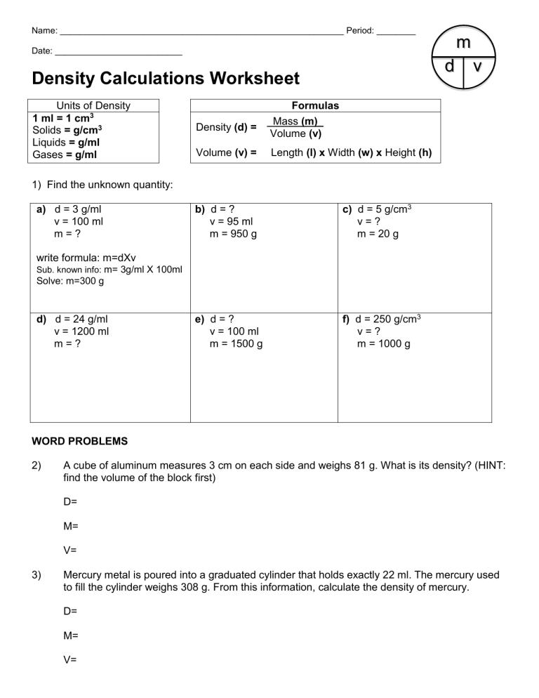 Density Calculations Worksheet