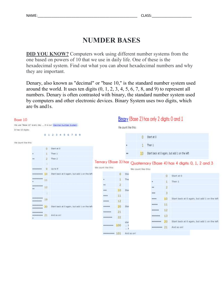 Number Bases Notes And Work Sheet By N Andrews