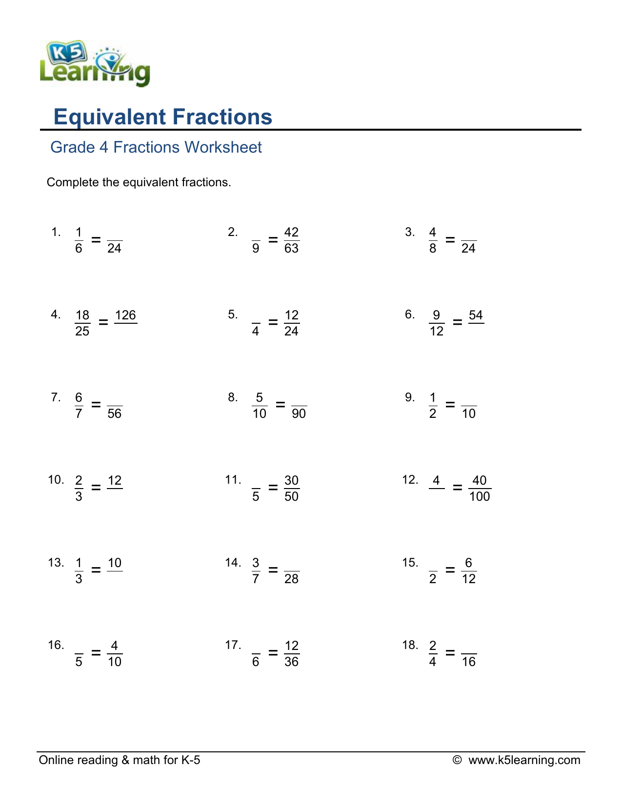 grade 4 equivalent fractions a