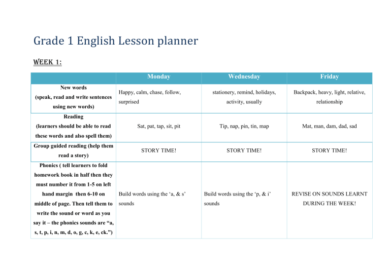 Grade 1 English Lesson Planner