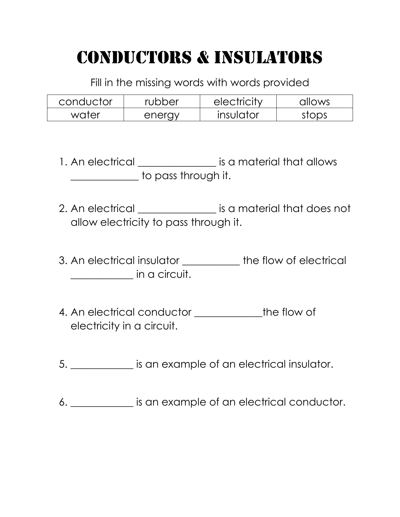 Conductors Insulators Words