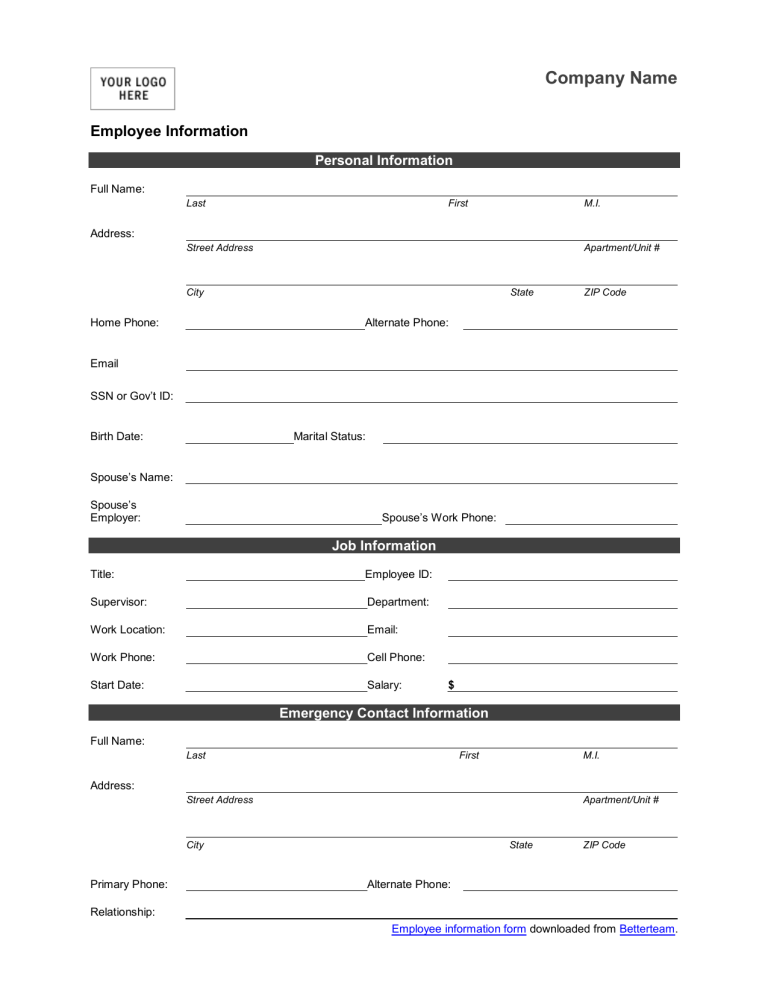 Employee Information Form Download 20170810 8900