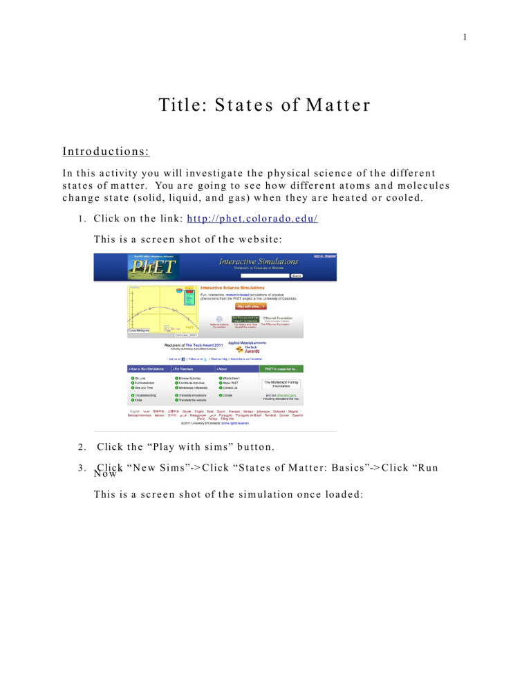 PHET States Of Matter Basics Worksheet