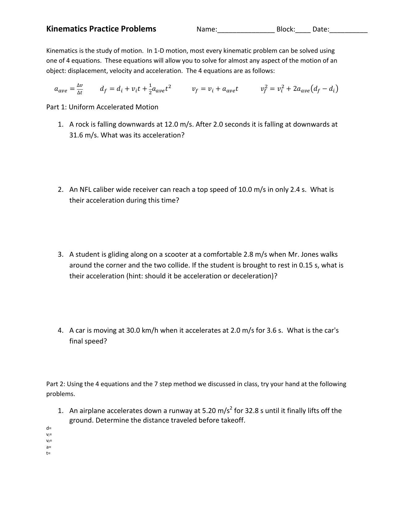 Kinematics Worksheet In Kinematics Practice Problems Worksheet