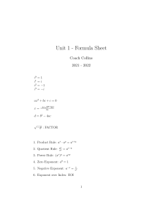 Unit 1 Formula Sheet Algebra 2