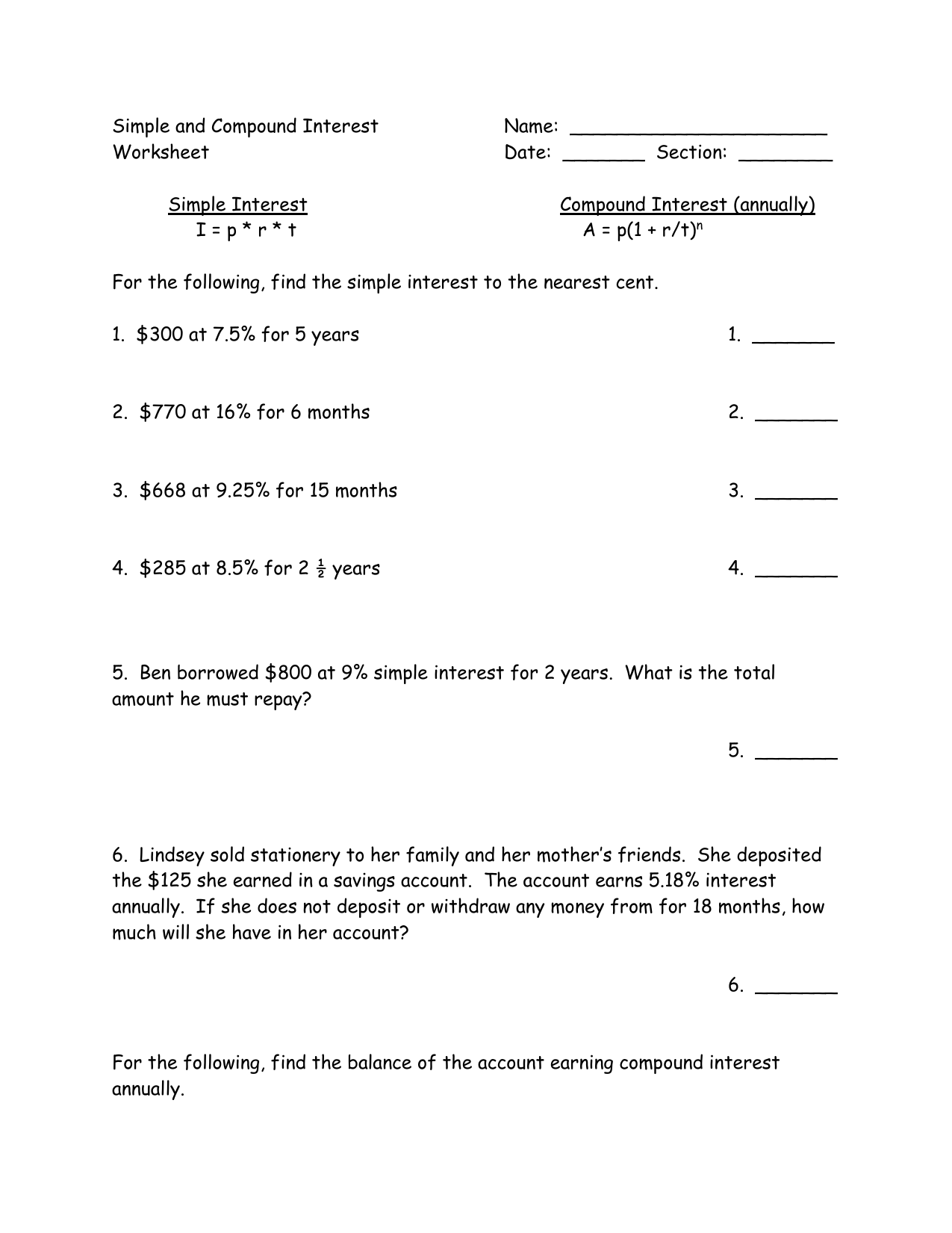 Simple and Compound Interest Worksheet For Simple And Compound Interest Worksheet