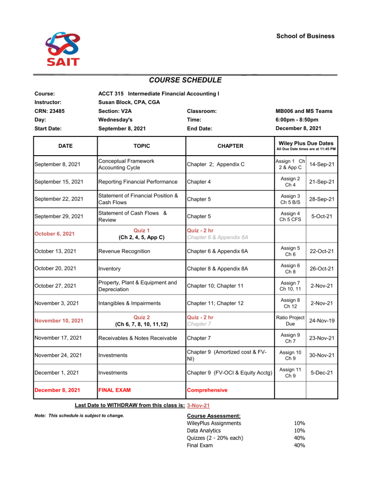 ACCT315 Fall2021 Class Schedule