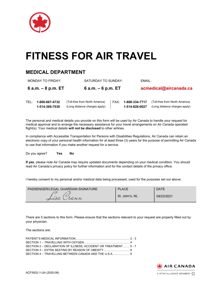 fitness for travel form air canada
