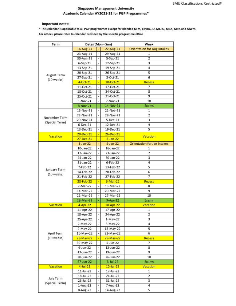 PG Academic Calendars (BRC Programmes) AY202122