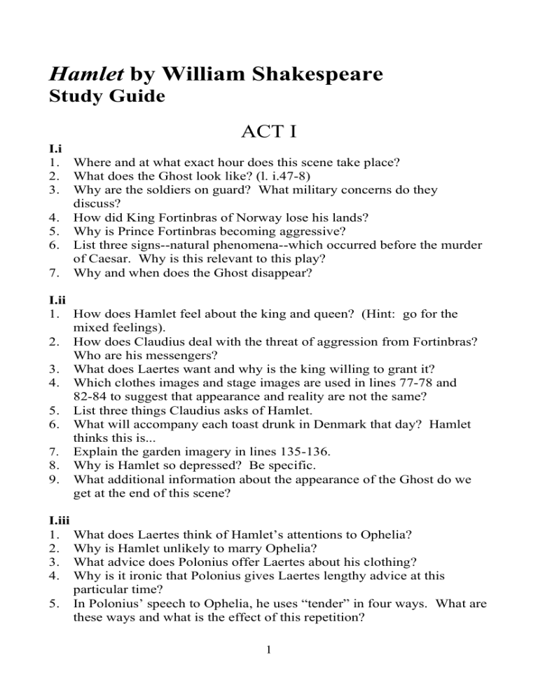 Hamlet Study Guide Act I Hamlet Study Guide Act I