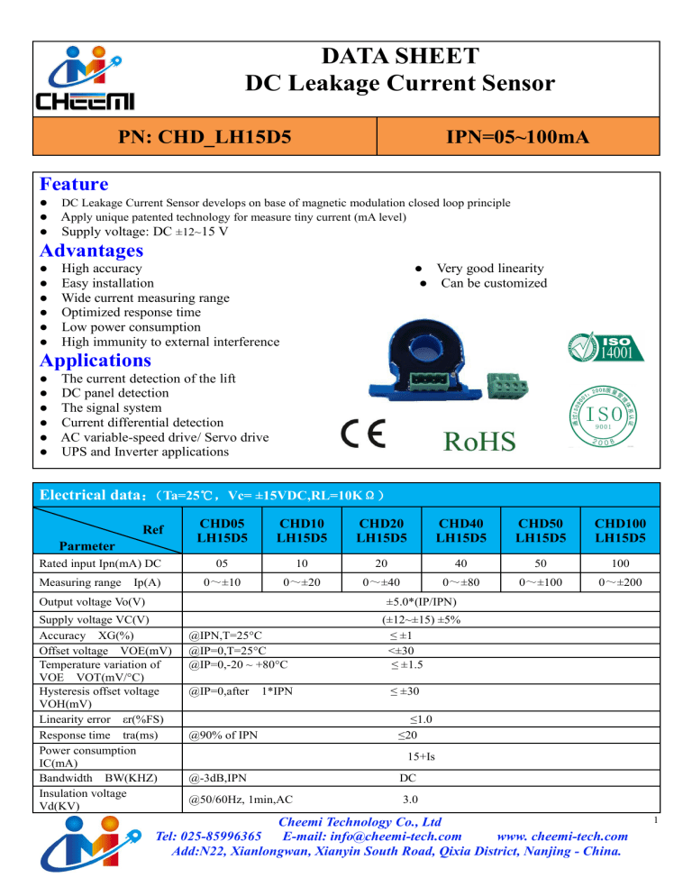 DC leakage current transducer CHDLH15D5