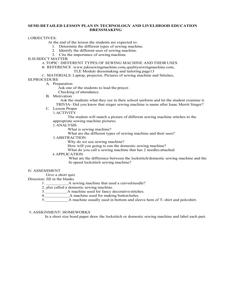 Semi detailed lesson plan in tle dressmaking