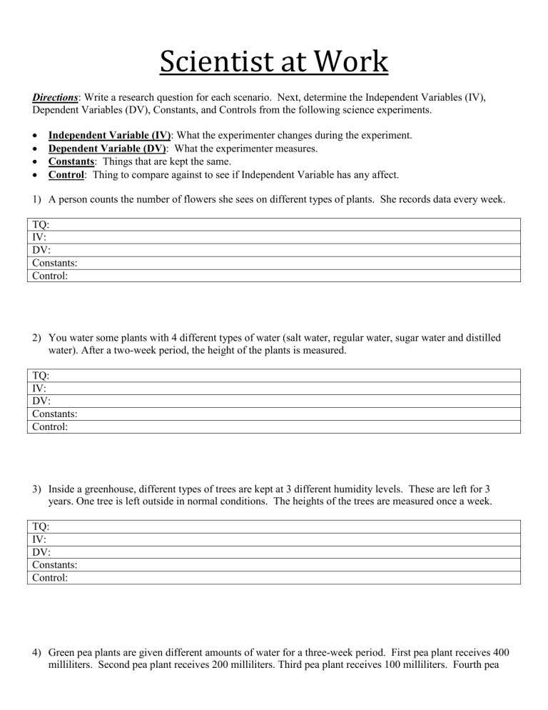 Experimental Variables Worksheet