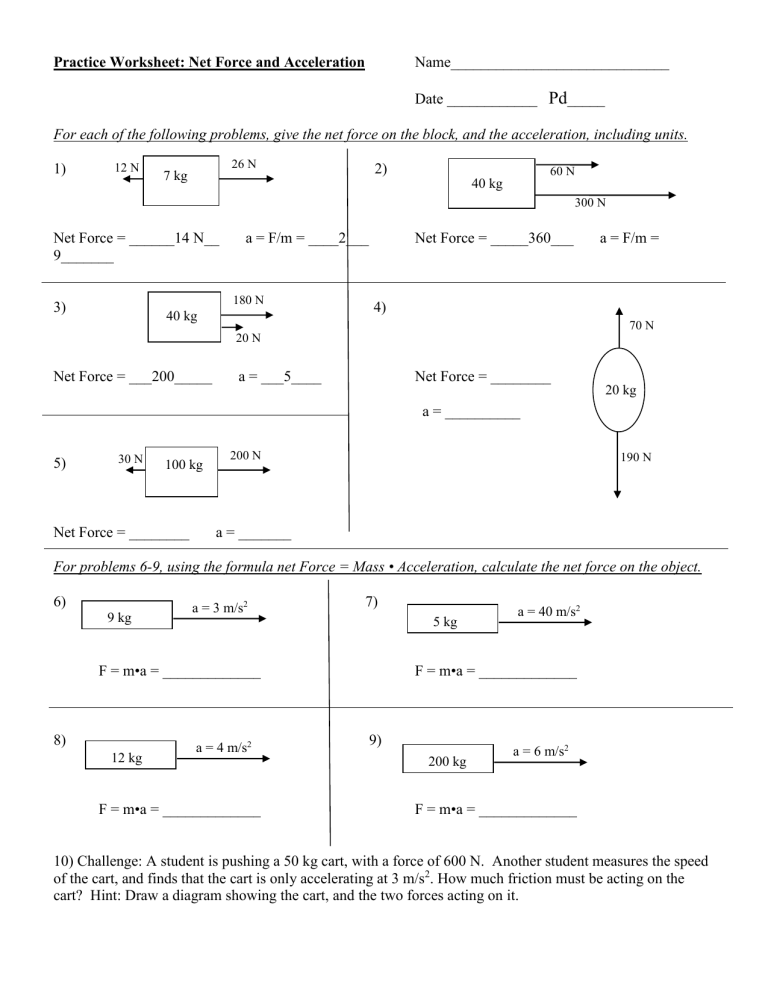 Net Force And Acceleration Practice Work