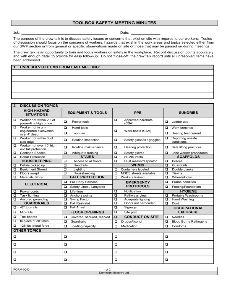 Safety Meeting Minutes Form