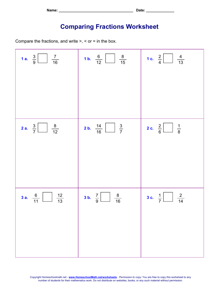 Comparing Fractions Worksheet 1