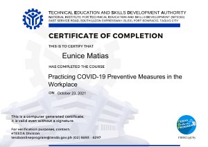 Practicing COVID-19 Preventive Measures in the Workplace Certificate of Completion