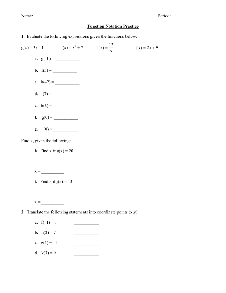 Function Notation Worksheet