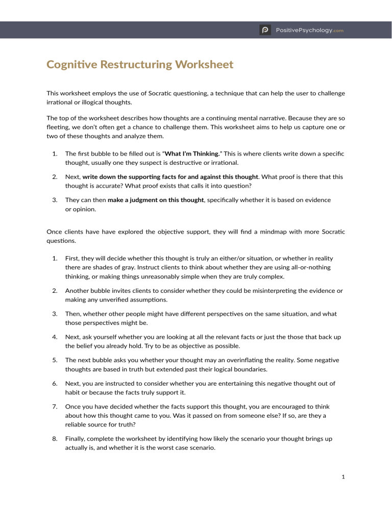 cognitive behavioral therapy cognitive restructuring worksheet