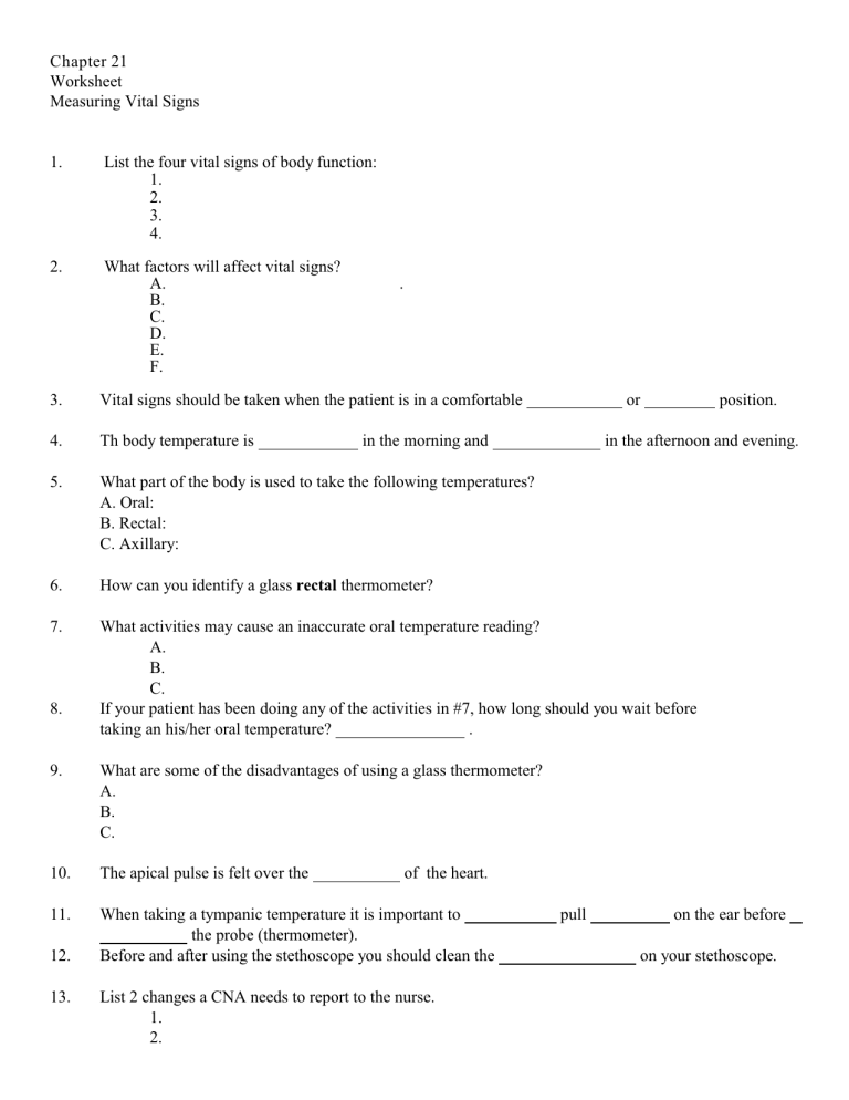 Worksheet Vital Signs