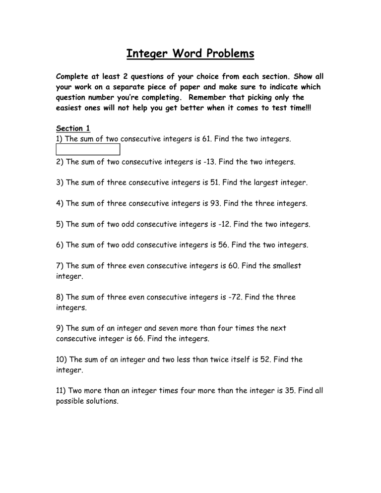 Integer Word Problems Worksheet With Answers Grade 6