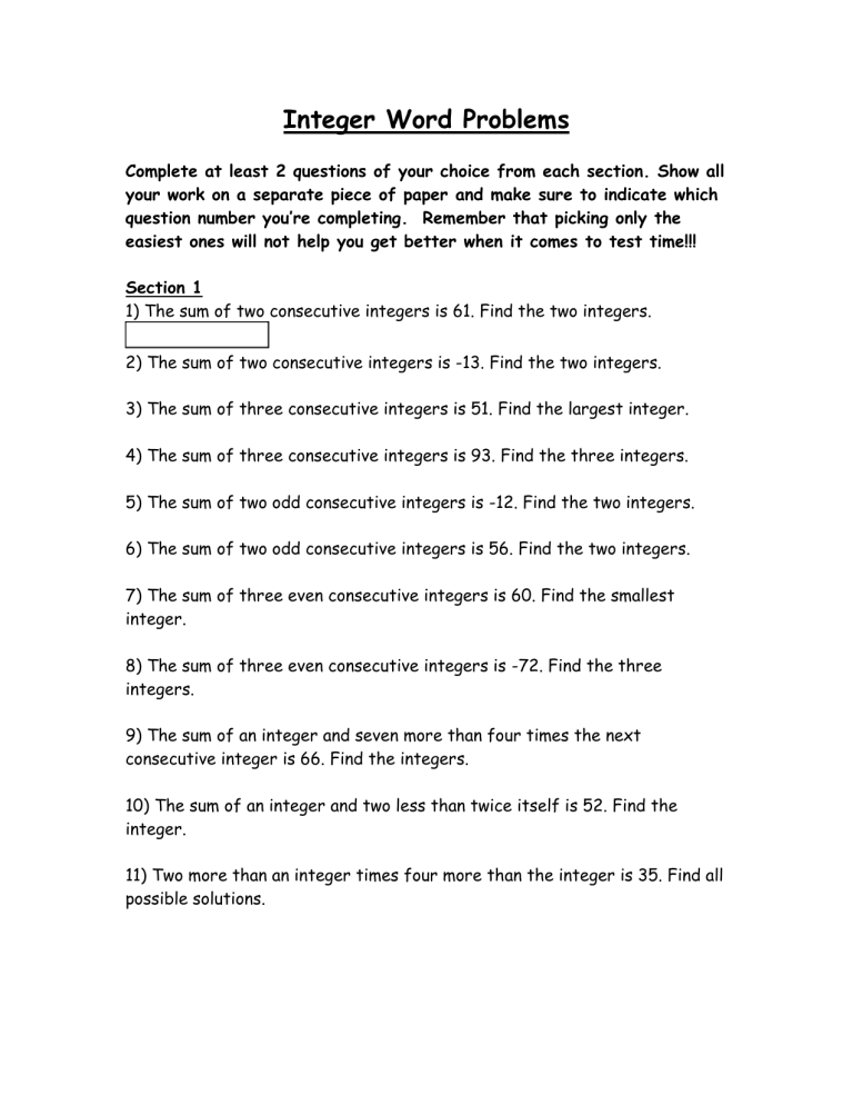 integers problem solving with solution