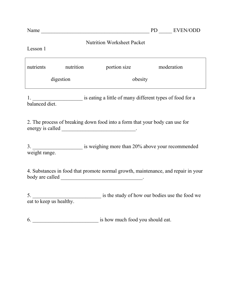 Nutrition Worksheet Packet