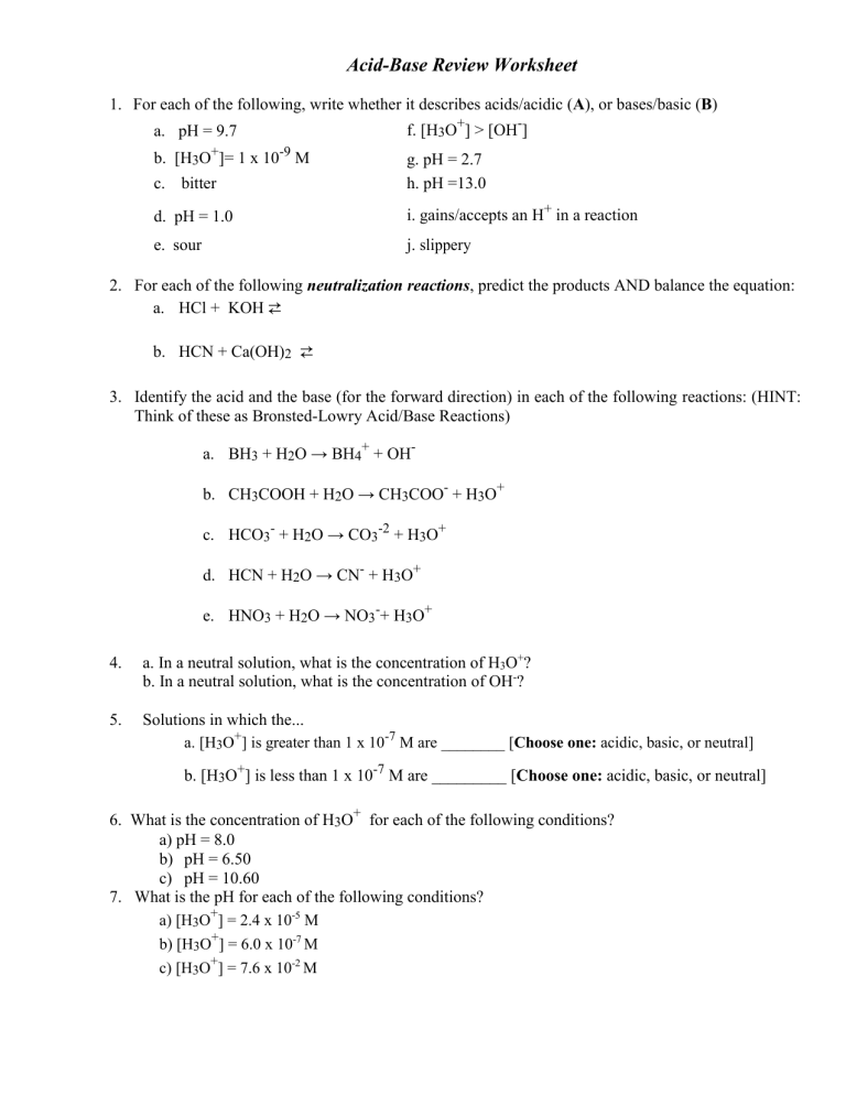Acid And Base Review Worksheet Answers Printable Word Searches