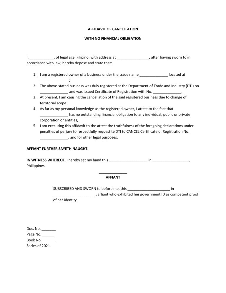 AFFIDAVIT OF CANCELLATION Format