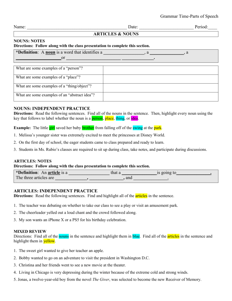 Parts Of Speech Review