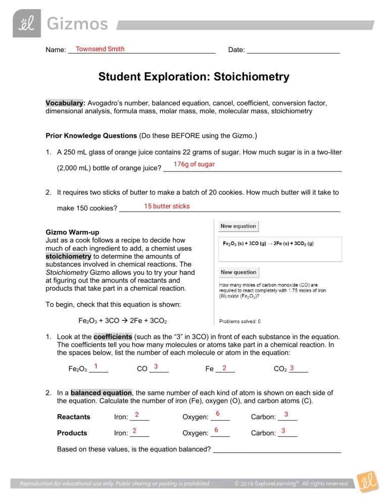 Student Exploration Stoichiometry Gizmo Answer Key