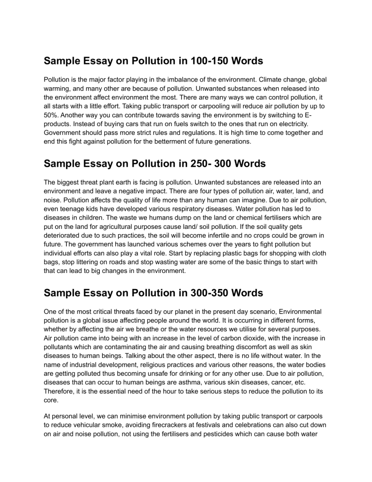 pollution essay pdf 250 words
