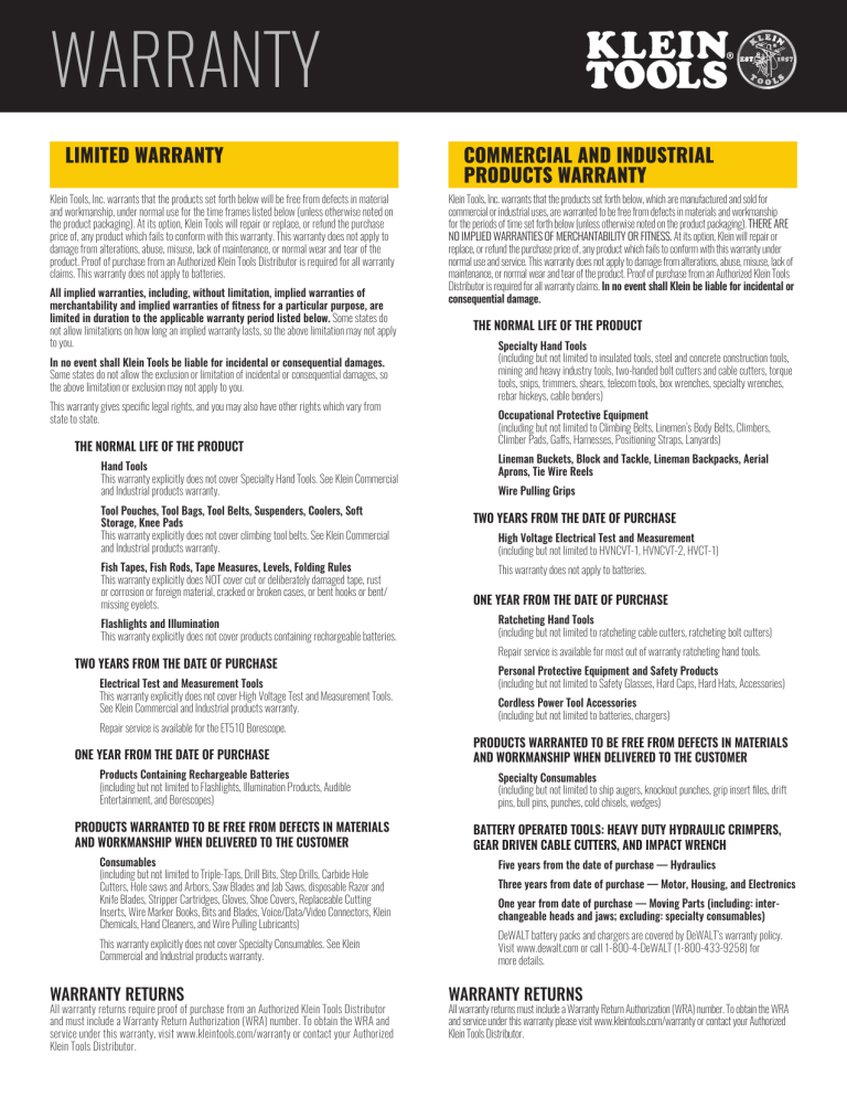 klein pliers waranty