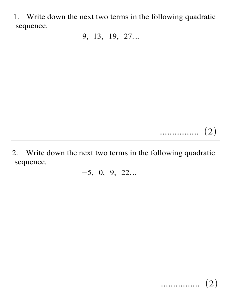 quadratic sequences questions and answers