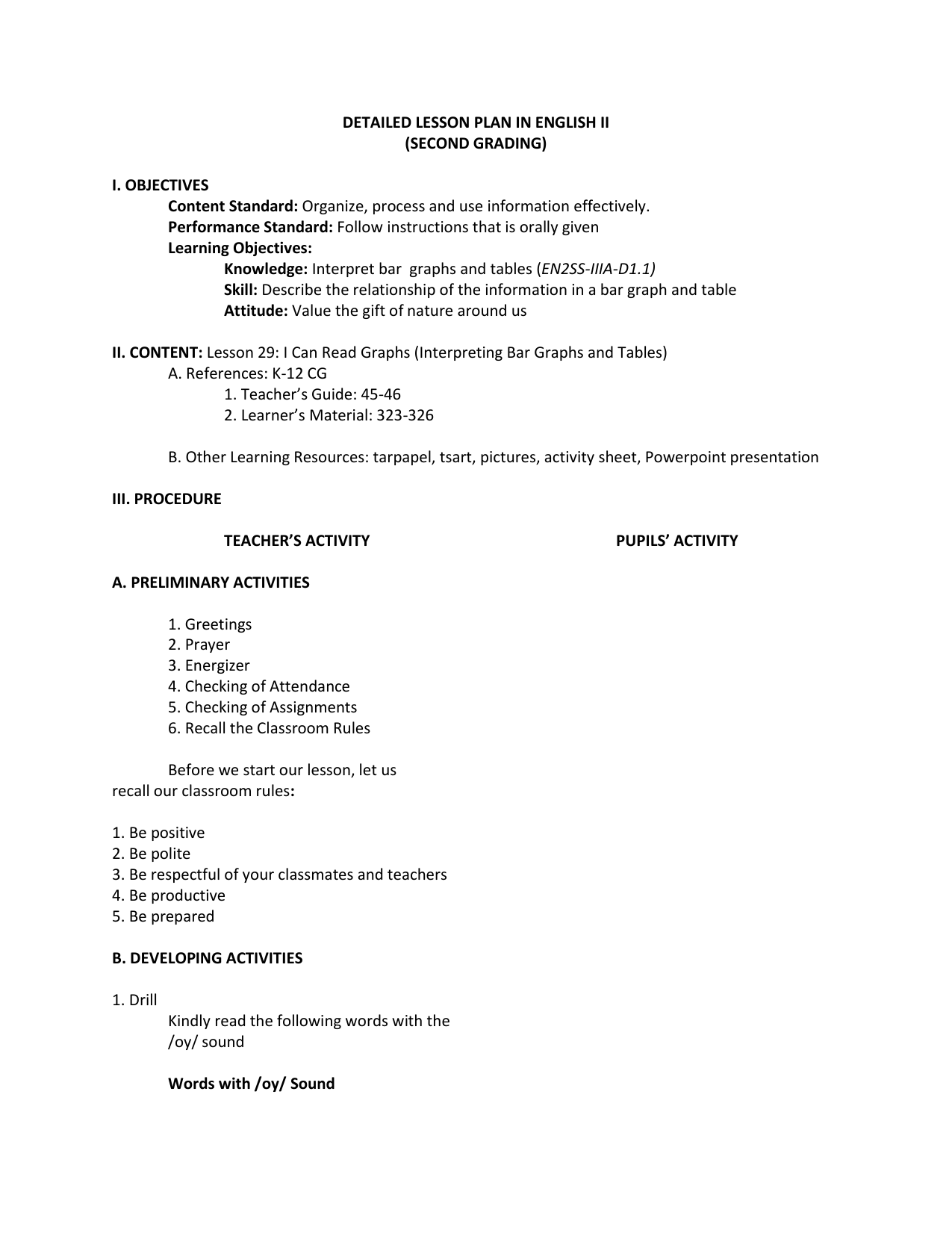 A S LESSON PLAN IN ENGLISH II DETAILED 50 OFF