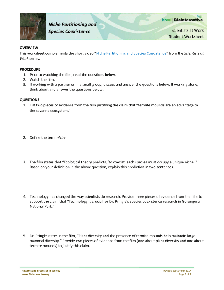 Niche partitioning and species coexistence answer key worksheet 1 Compressed