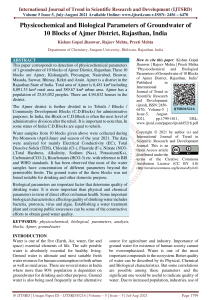 Physicochemical and Biological Parameters of Groundwater of 10 Blocks of Ajmer District, Rajasthan, India