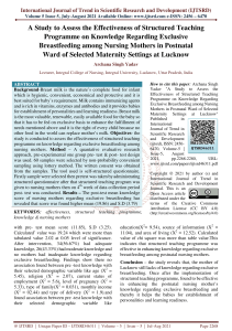 A Study to Assess the Effectiveness of Structured Teaching Programme on Knowledge Regarding Exclusive Breastfeeding among Nursing Mothers in Postnatal Ward of Selected Maternity Settings at Lucknow