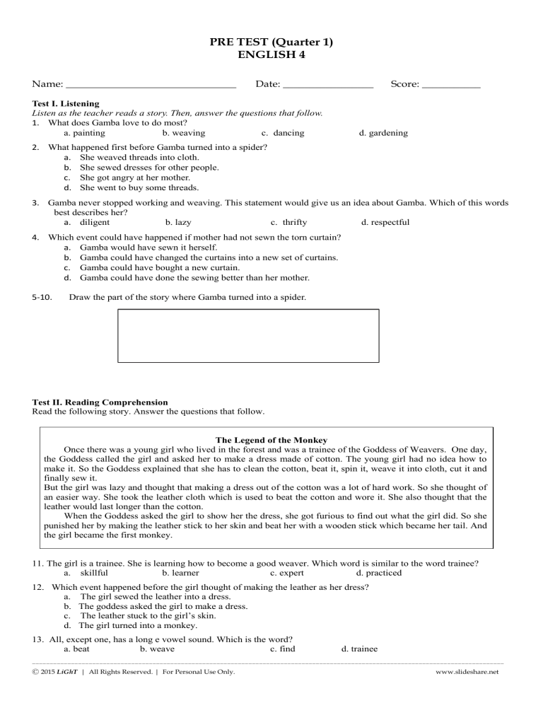 Diagnostic Test In Engish