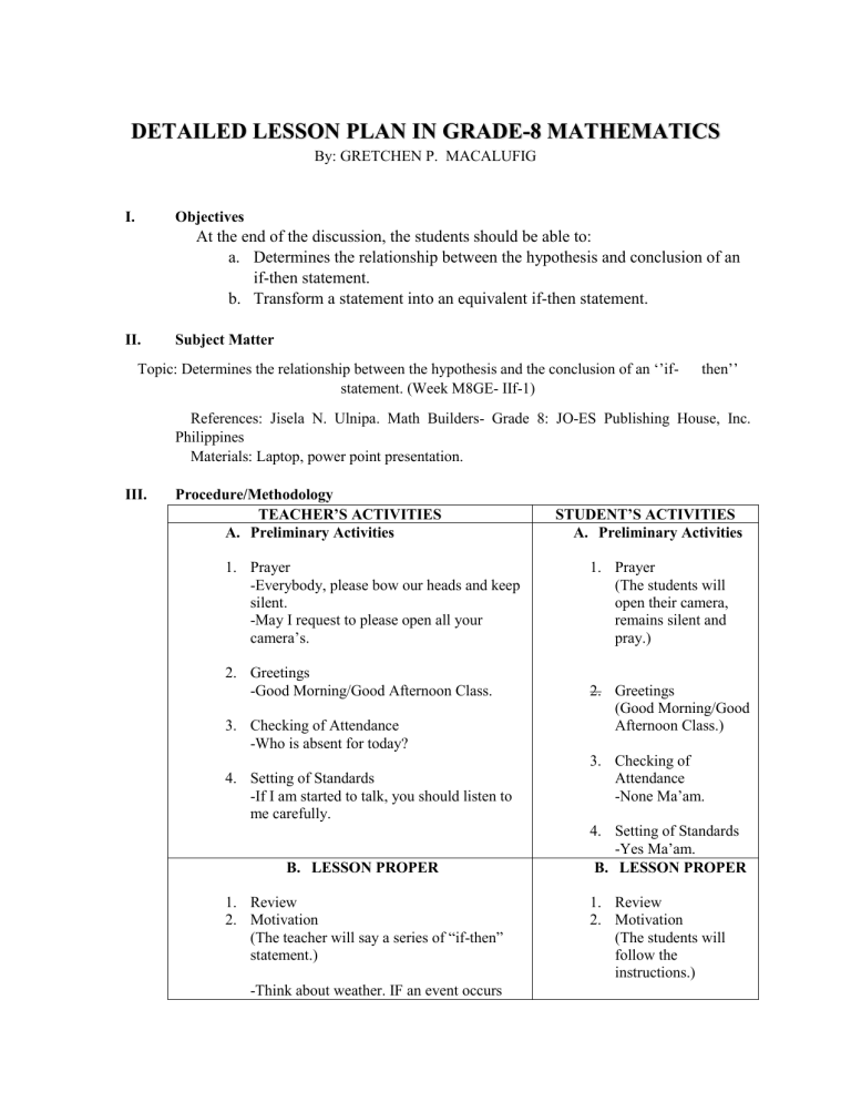 DETAILED LESSON PLAN IN GRADE 8 MATHEMATICS