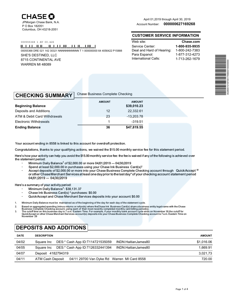 Chase Bank Checking Statement