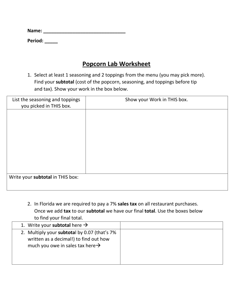 Popcorn Lab Worksheet