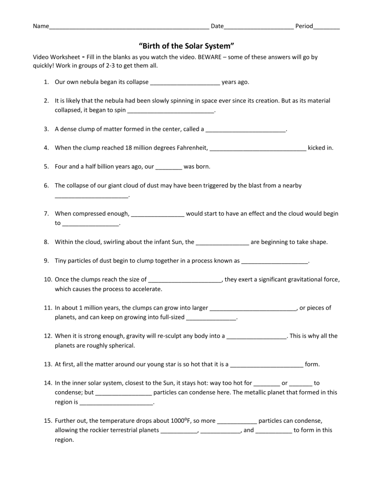 formation of the solar system worksheet chapter 20