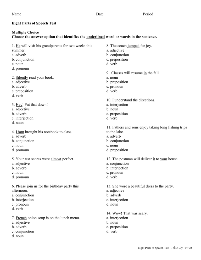 Parts Of Speech Test
