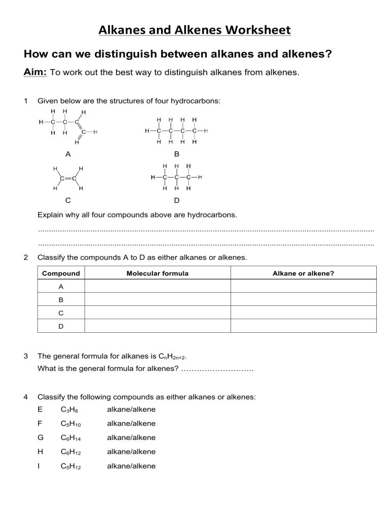 Alkanes And Alkenes Worksheet