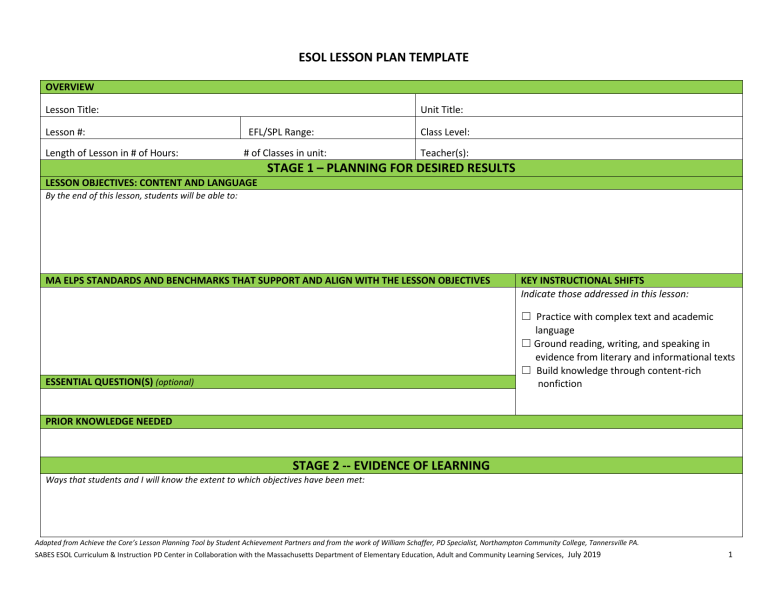 Esol lesson plan template